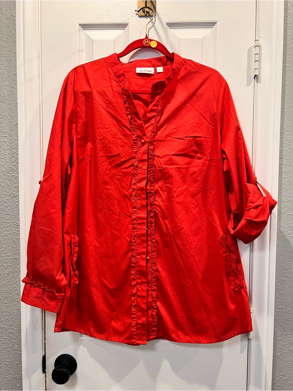 Joan Rivers Red Ruffle Trim Button Down Blouse Shirt XL
